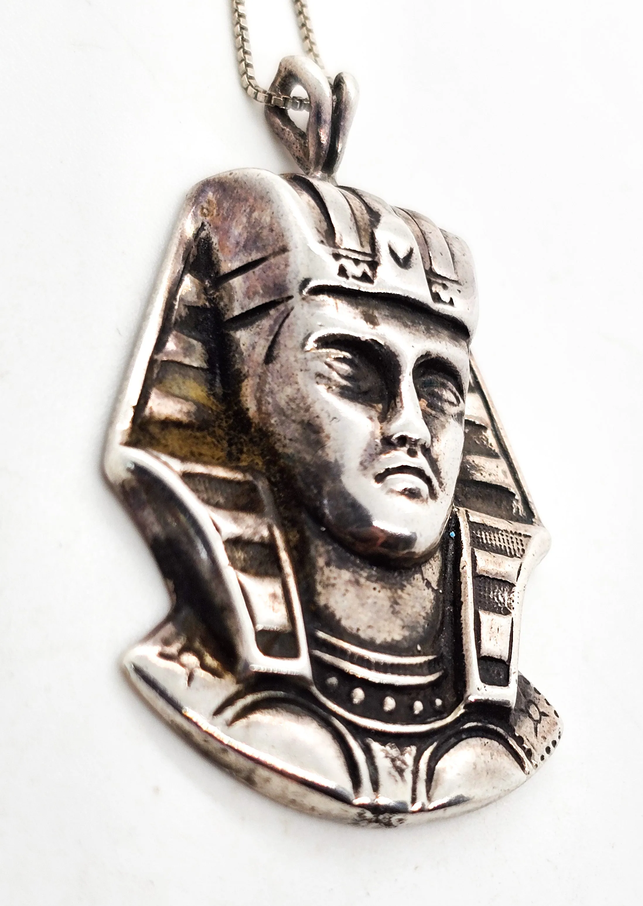 Egyptian Revival King Tut pharaoh vintage sterling silver pendant necklace
