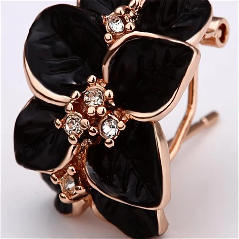 Enamel Flower Jewelry Set Rose Gold Black for Women Wedding Jewelry