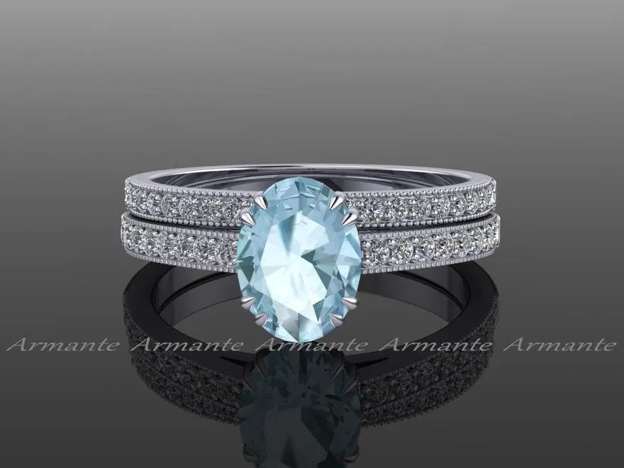 Engagement Ring Set, Aquamarine and Diamond