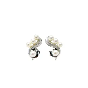 Engraved Retro Leaf Akoya Saltwater Cultured Pearl Vintage Screwback Earrings- Sterling Silver