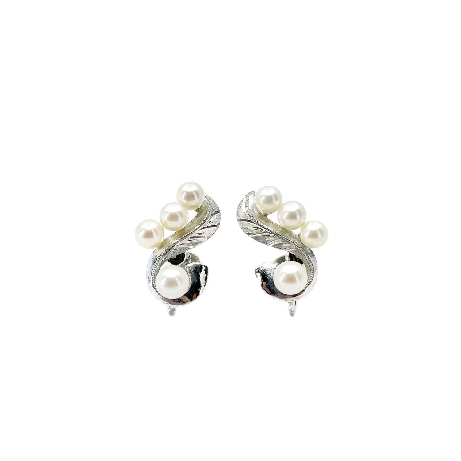 Engraved Retro Leaf Akoya Saltwater Cultured Pearl Vintage Screwback Earrings- Sterling Silver
