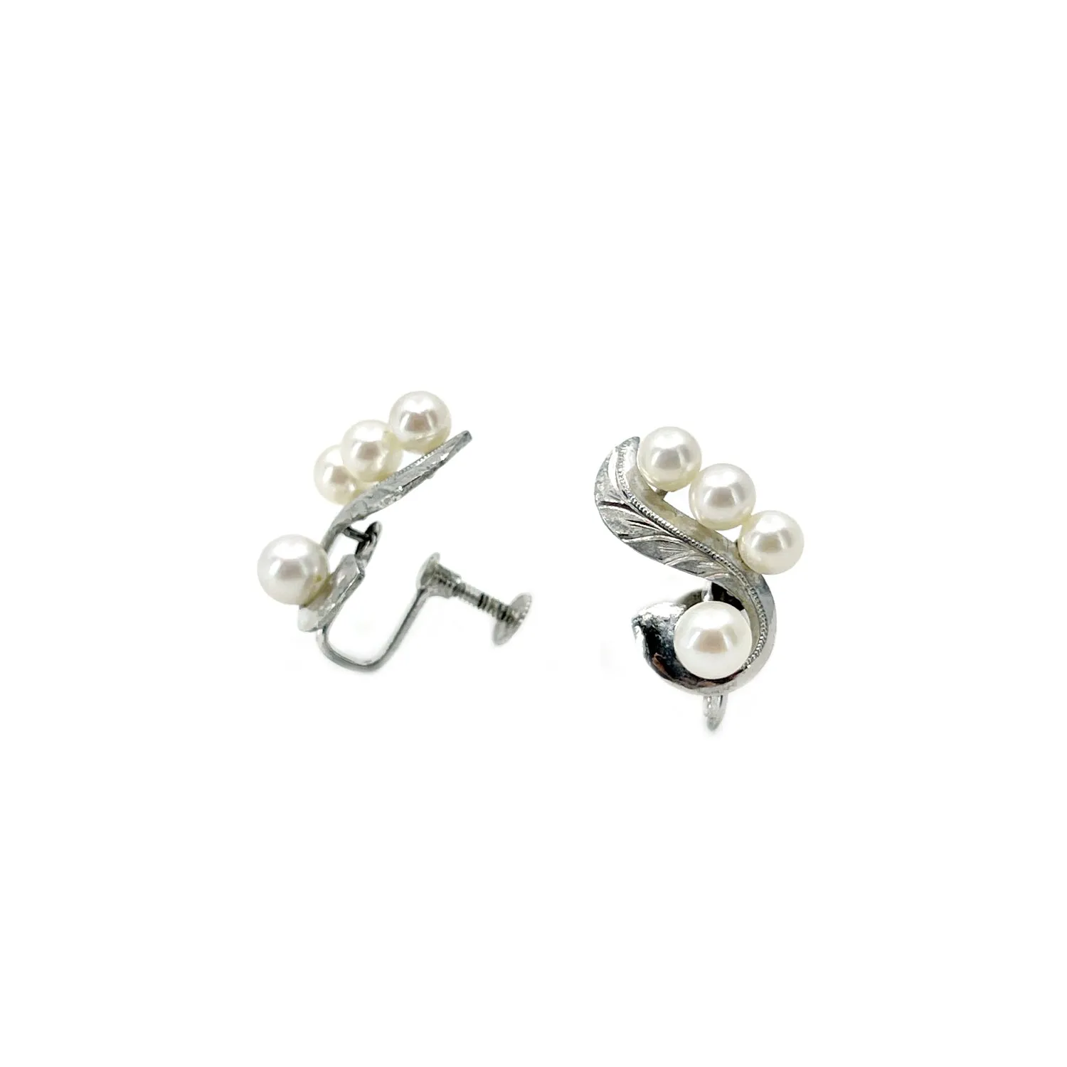 Engraved Retro Leaf Akoya Saltwater Cultured Pearl Vintage Screwback Earrings- Sterling Silver