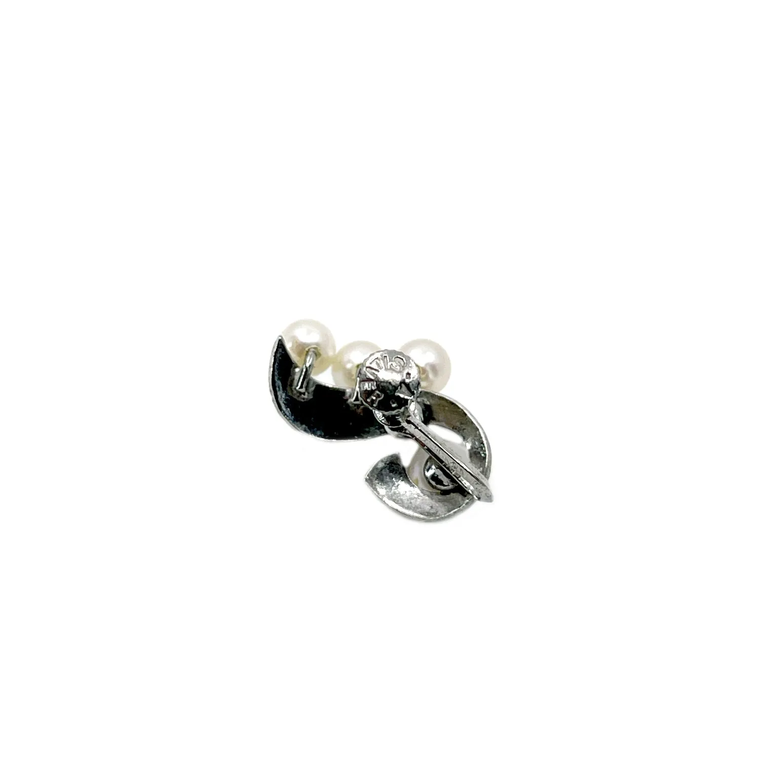 Engraved Retro Leaf Akoya Saltwater Cultured Pearl Vintage Screwback Earrings- Sterling Silver