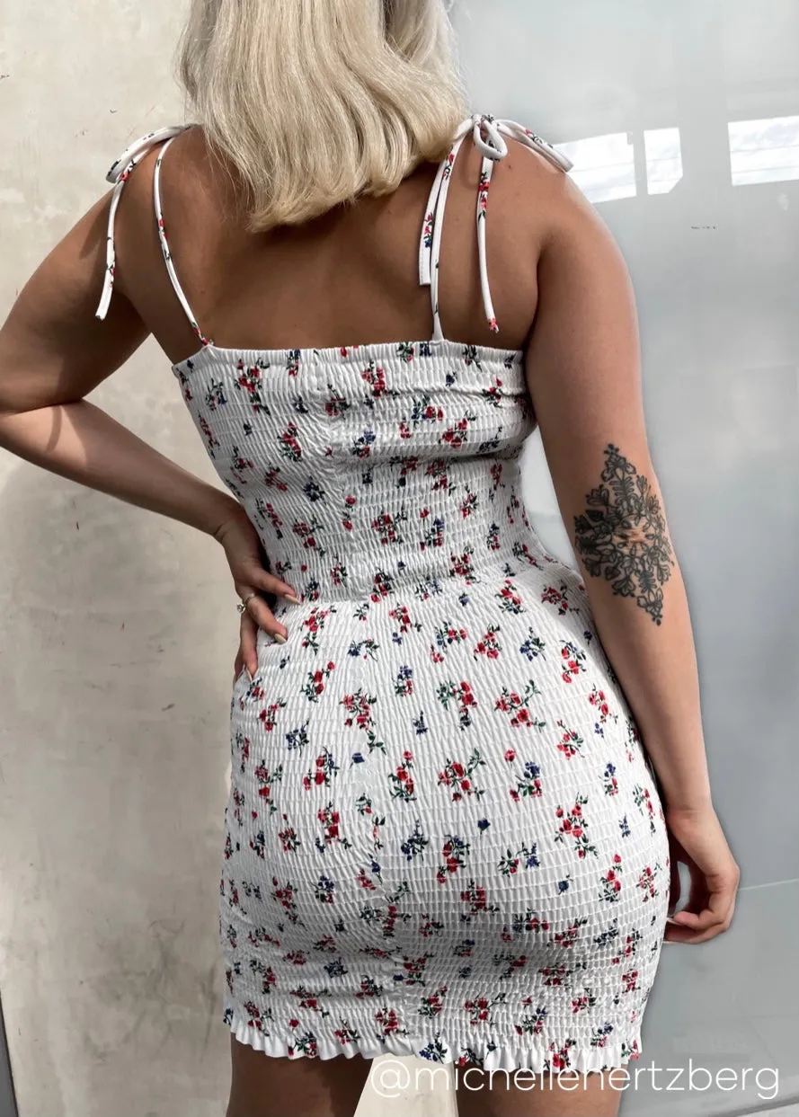 Esther Floral Smocked Mini Dress - Ivory/Floral