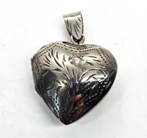 Etched Heart vintage locket sterling silver retro 1980's SD signed pendant