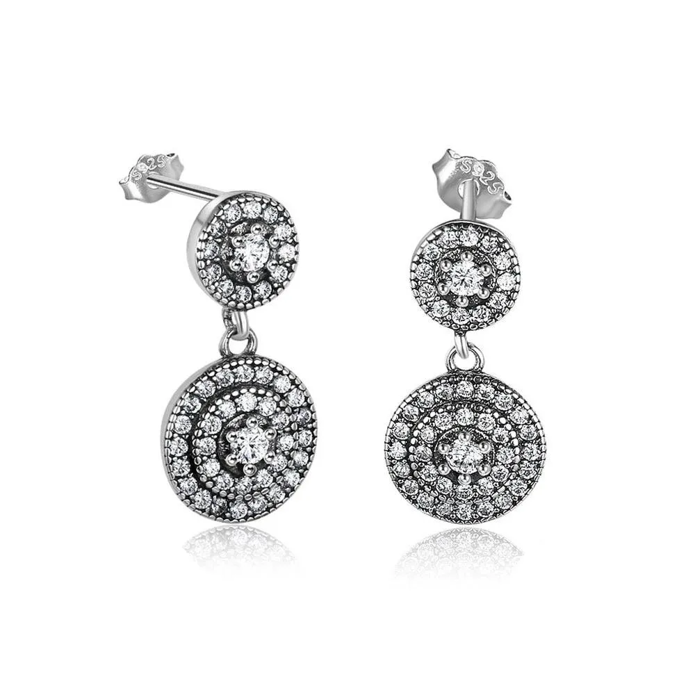 Female Solid 925 Sterling Silver Stud Earrings Double Round Pattern Romantic Style Jewelry Gifts to Girls