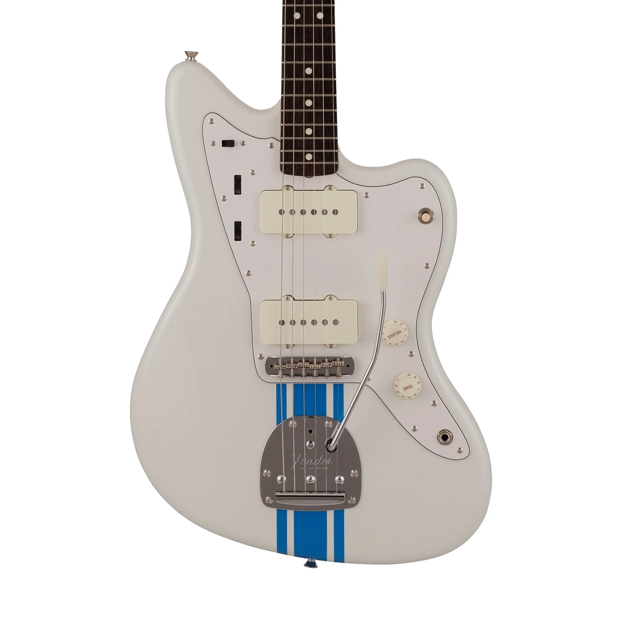 Fender Japan Traditional II 60s Jazzmaster Electric Guitar, RW FB, Olympic White / Blue Stripes