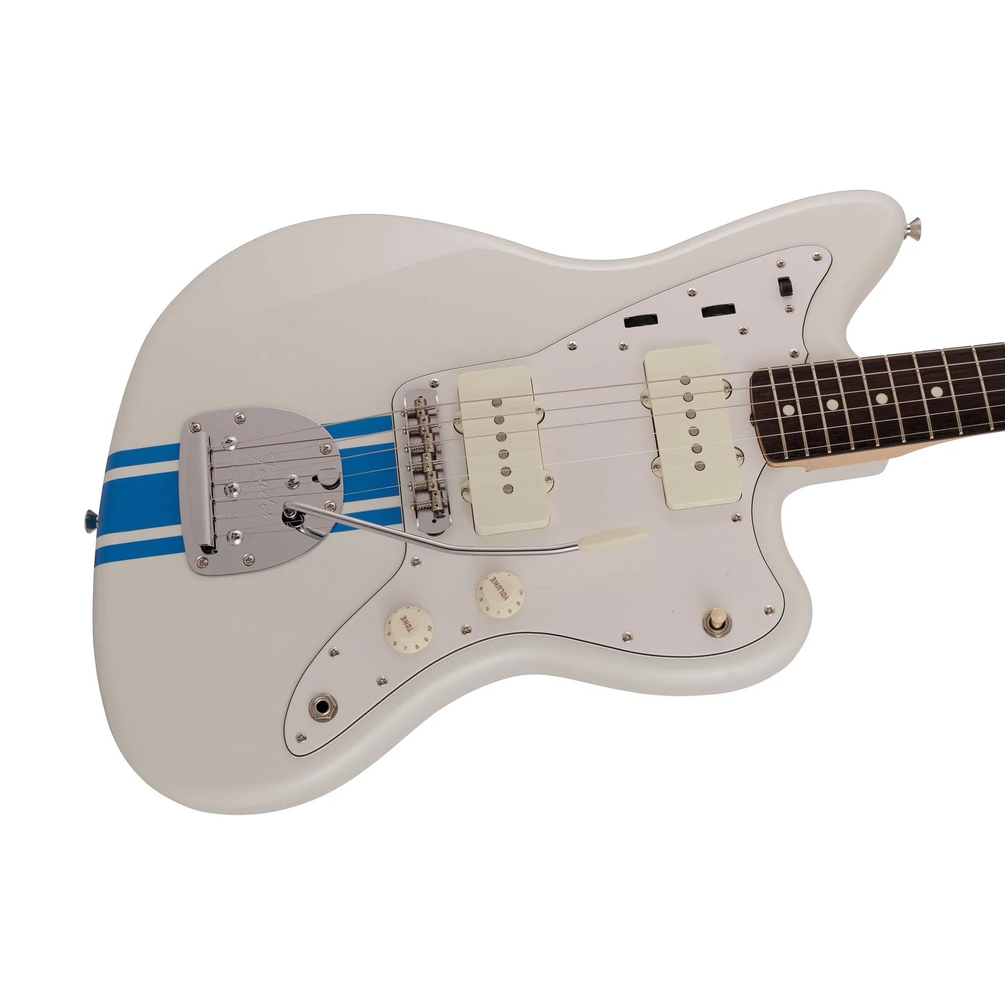 Fender Japan Traditional II 60s Jazzmaster Electric Guitar, RW FB, Olympic White / Blue Stripes