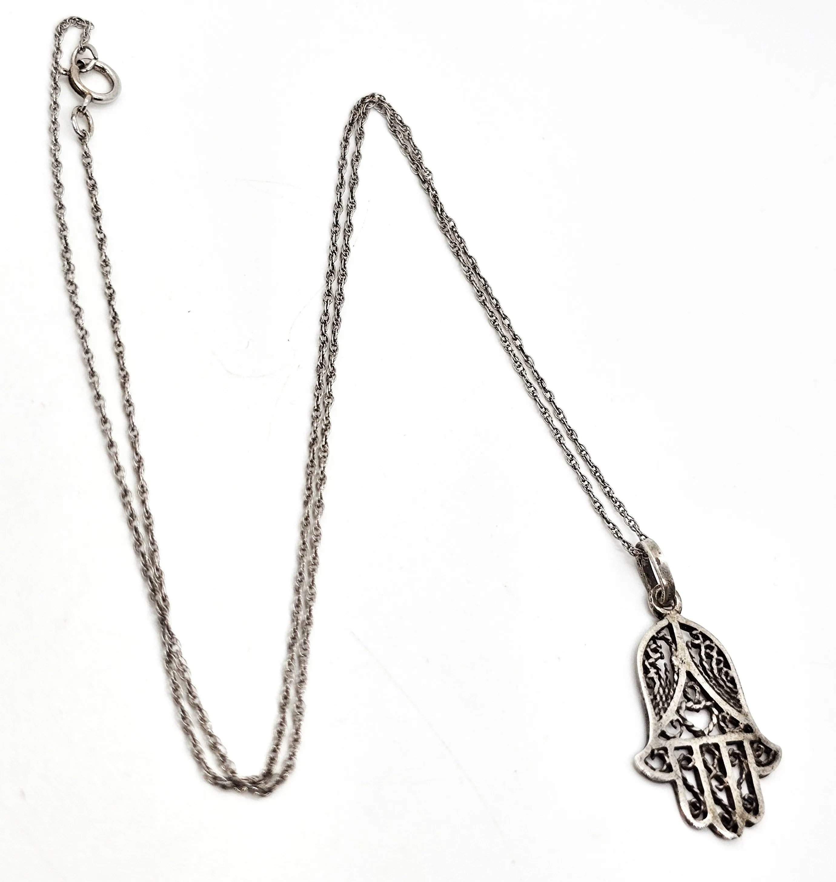 Filigree Hamsa Hand of Fatima open work vintage sterling silver necklace