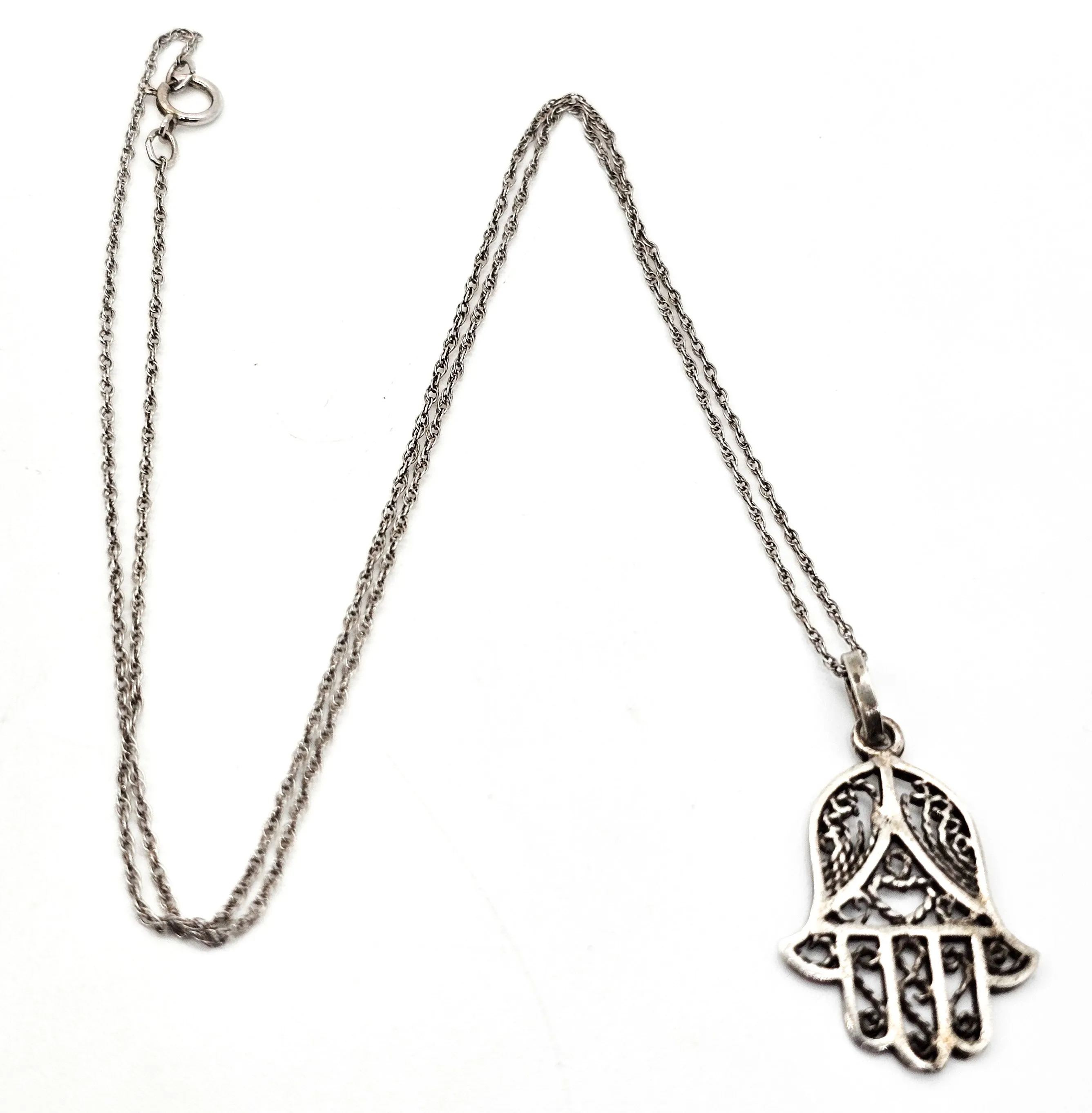 Filigree Hamsa Hand of Fatima open work vintage sterling silver necklace