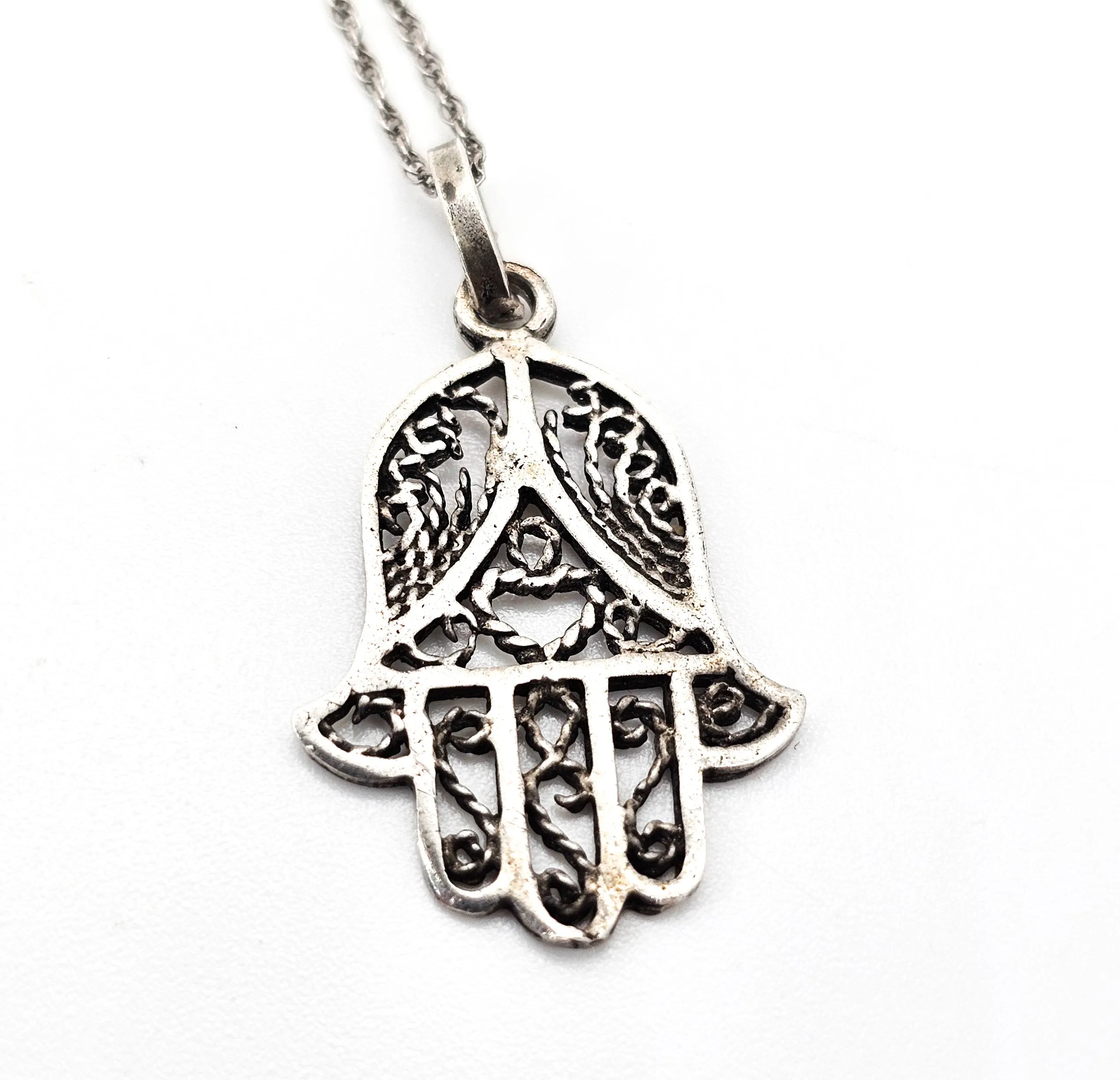 Filigree Hamsa Hand of Fatima open work vintage sterling silver necklace