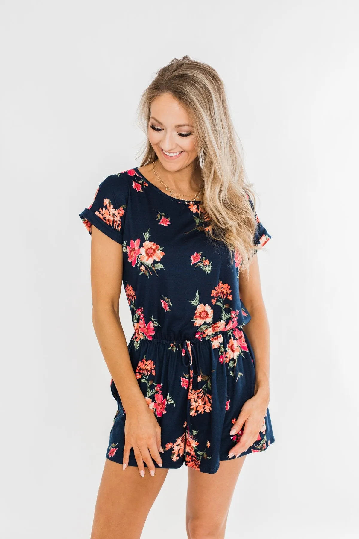 Find My Way Floral Romper- Navy