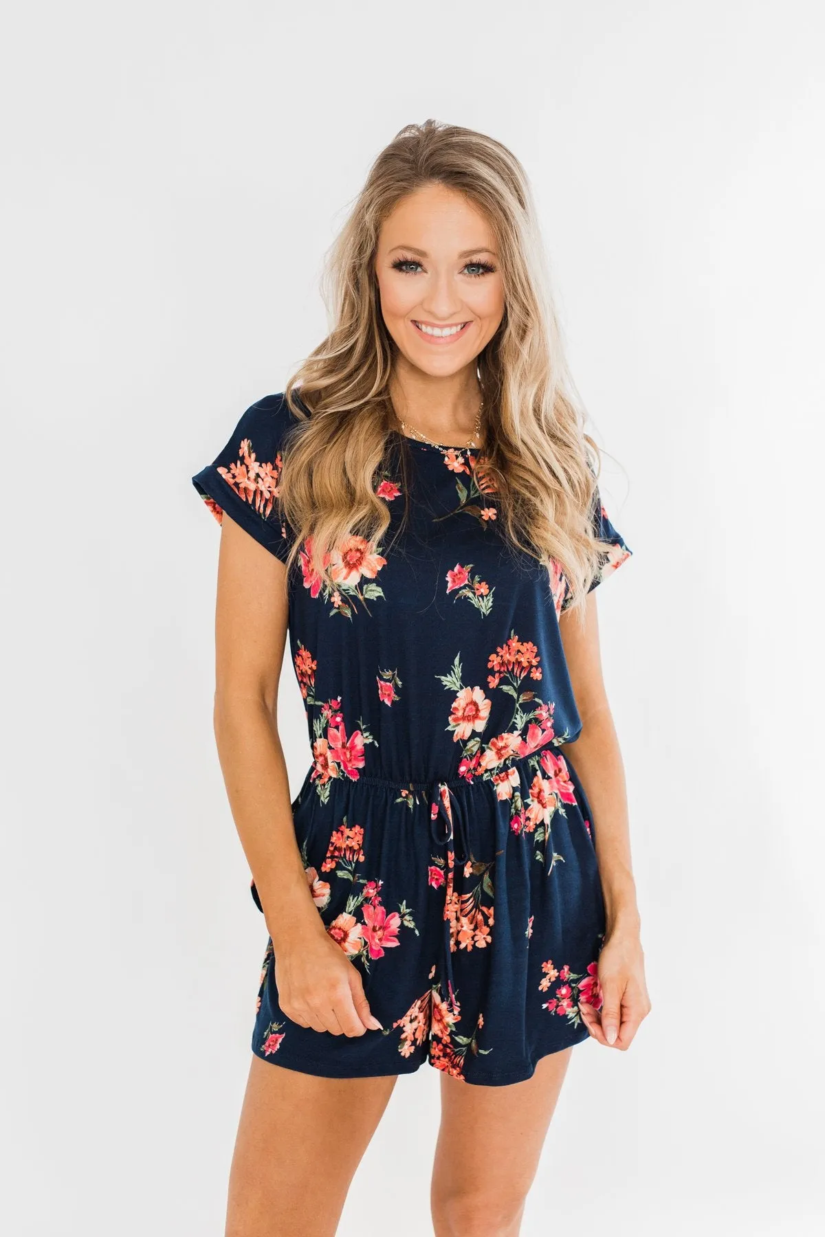 Find My Way Floral Romper- Navy