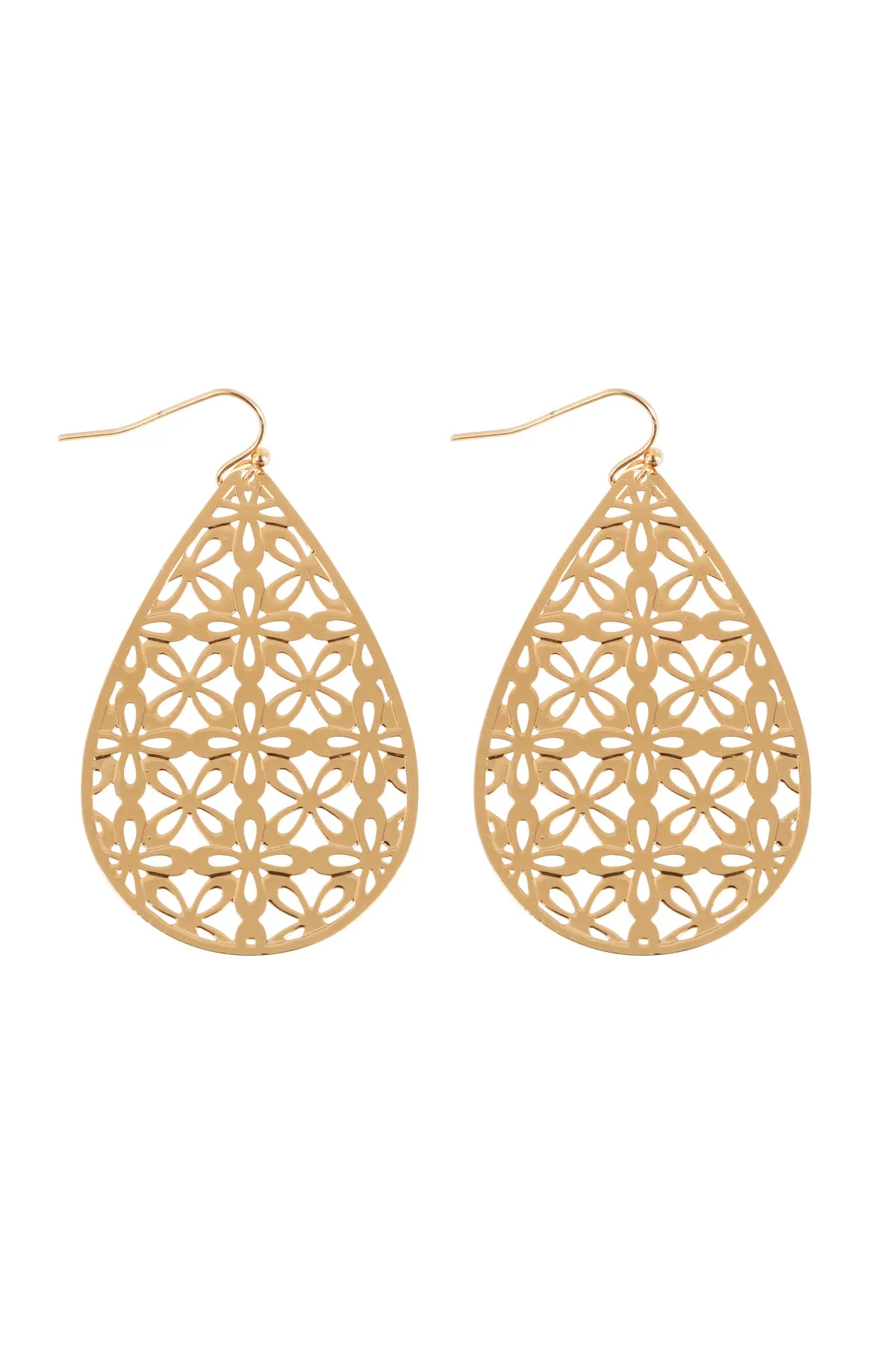 FLOWER PATTERN FILIGREE TEARDROP SHAPE HOOK EARRINGS