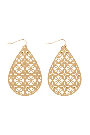 FLOWER PATTERN FILIGREE TEARDROP SHAPE HOOK EARRINGS