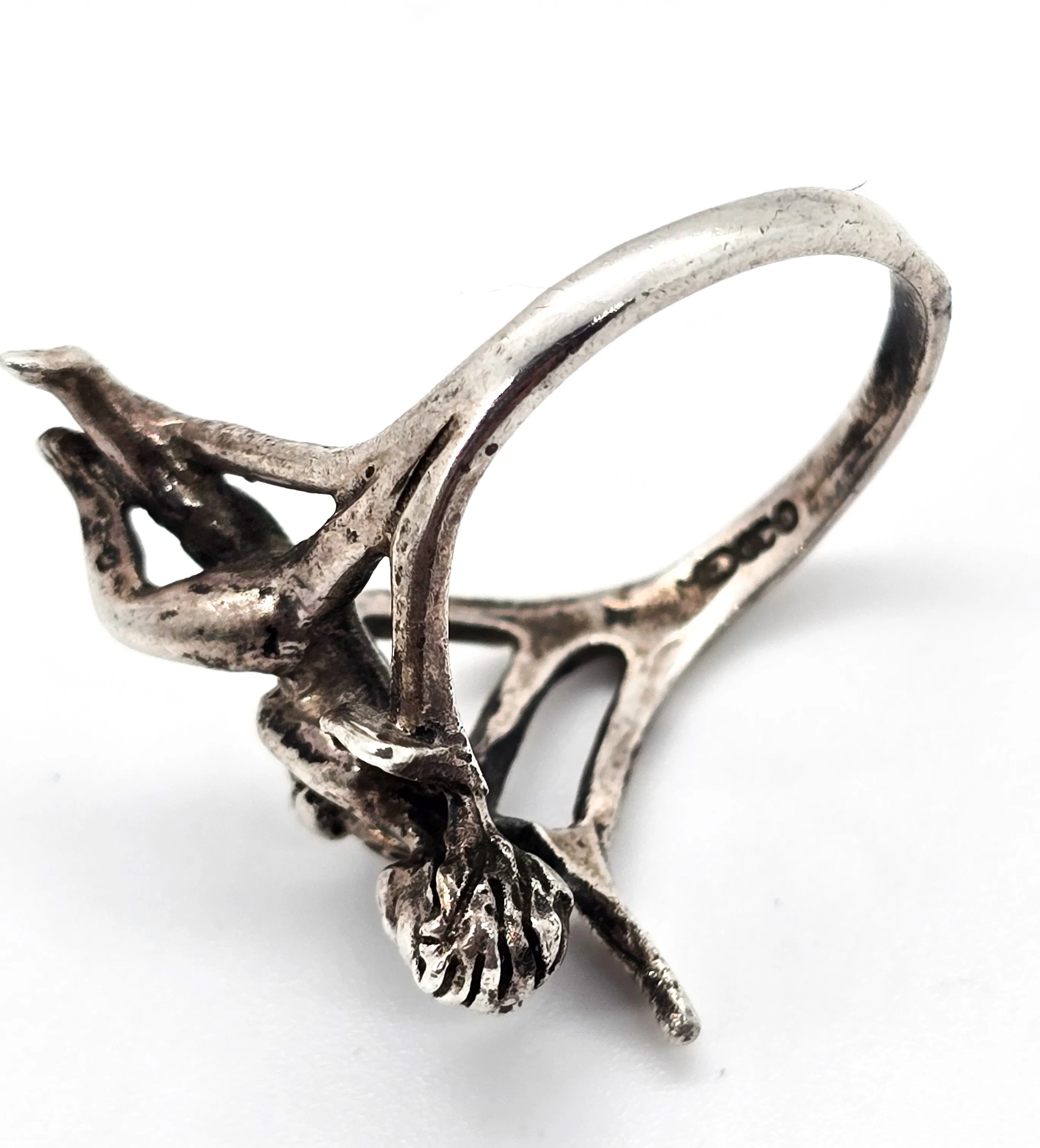 Flying Cupid Angel Playing hard Mexican split shank sterling silver vintage ring size 8.5