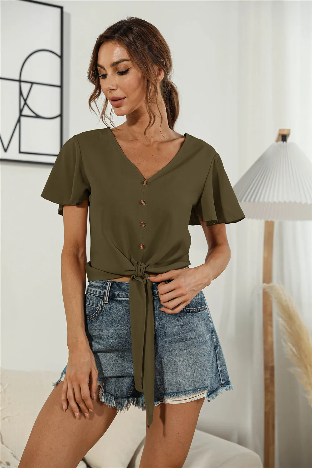 Front Tie Flutter Sleeve Blouse {4 Colors}