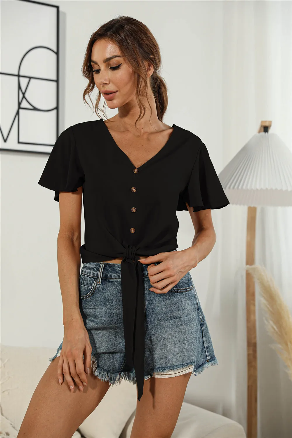 Front Tie Flutter Sleeve Blouse {4 Colors}