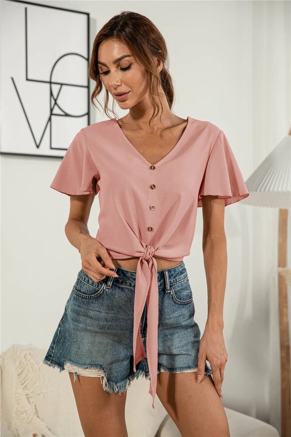 Front Tie Flutter Sleeve Blouse {4 Colors}