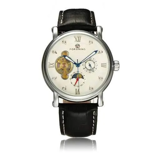 Frosining 800 Silver Case Mechanical Leather Band Wrist Watch