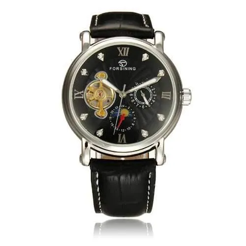 Frosining 800 Silver Case Mechanical Leather Band Wrist Watch