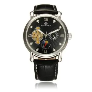 Frosining 800 Silver Case Mechanical Leather Band Wrist Watch