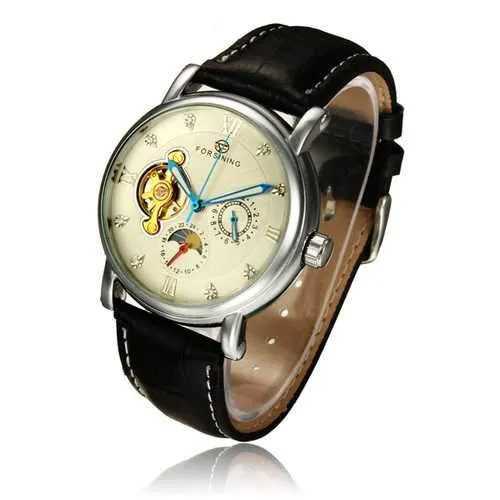 Frosining 800 Silver Case Mechanical Leather Band Wrist Watch