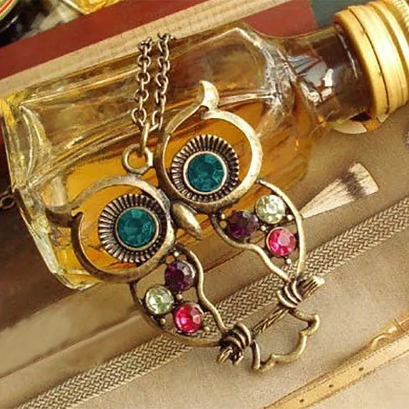 Gold Rhinestone Crystal Cubic Zirconia Owl Necklace