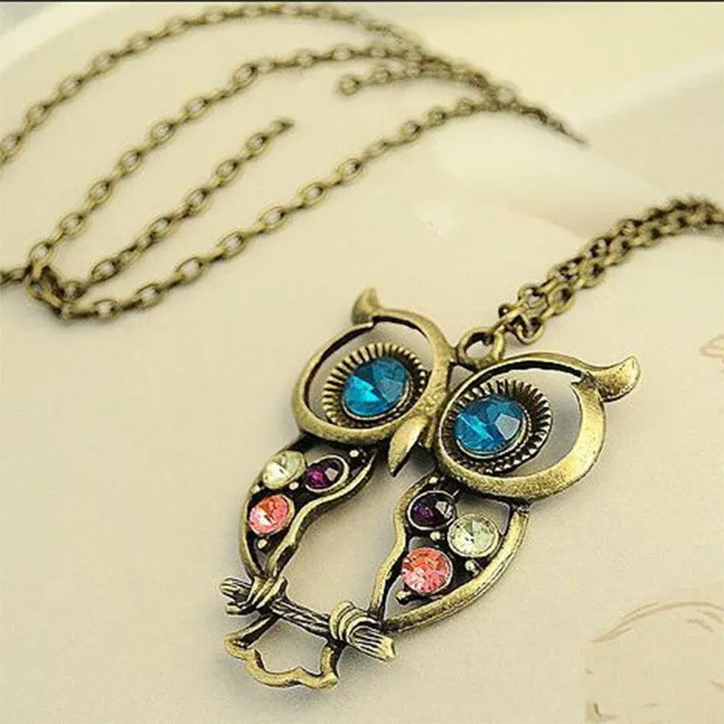 Gold Rhinestone Crystal Cubic Zirconia Owl Necklace