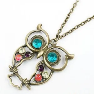 Gold Rhinestone Crystal Cubic Zirconia Owl Necklace