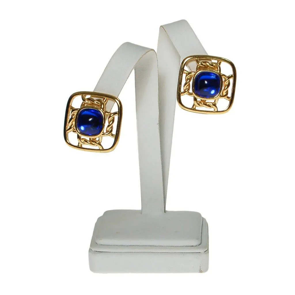 Gold Square with Sapphire Blue Cabochons by Crown Trifari