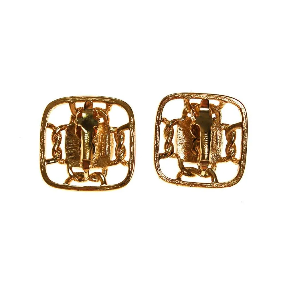 Gold Square with Sapphire Blue Cabochons by Crown Trifari