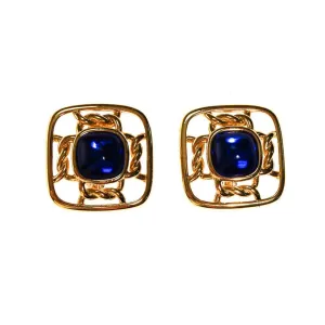 Gold Square with Sapphire Blue Cabochons by Crown Trifari