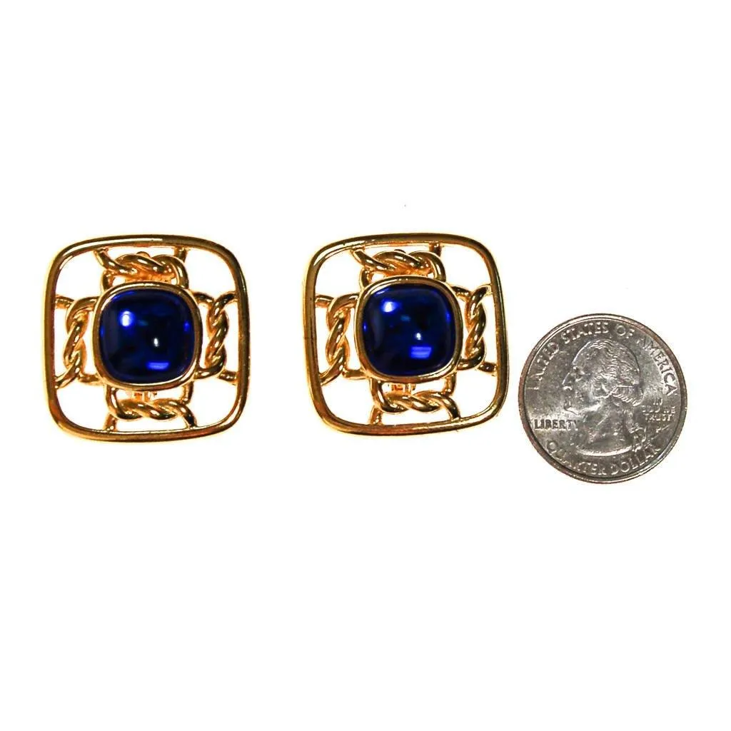 Gold Square with Sapphire Blue Cabochons by Crown Trifari