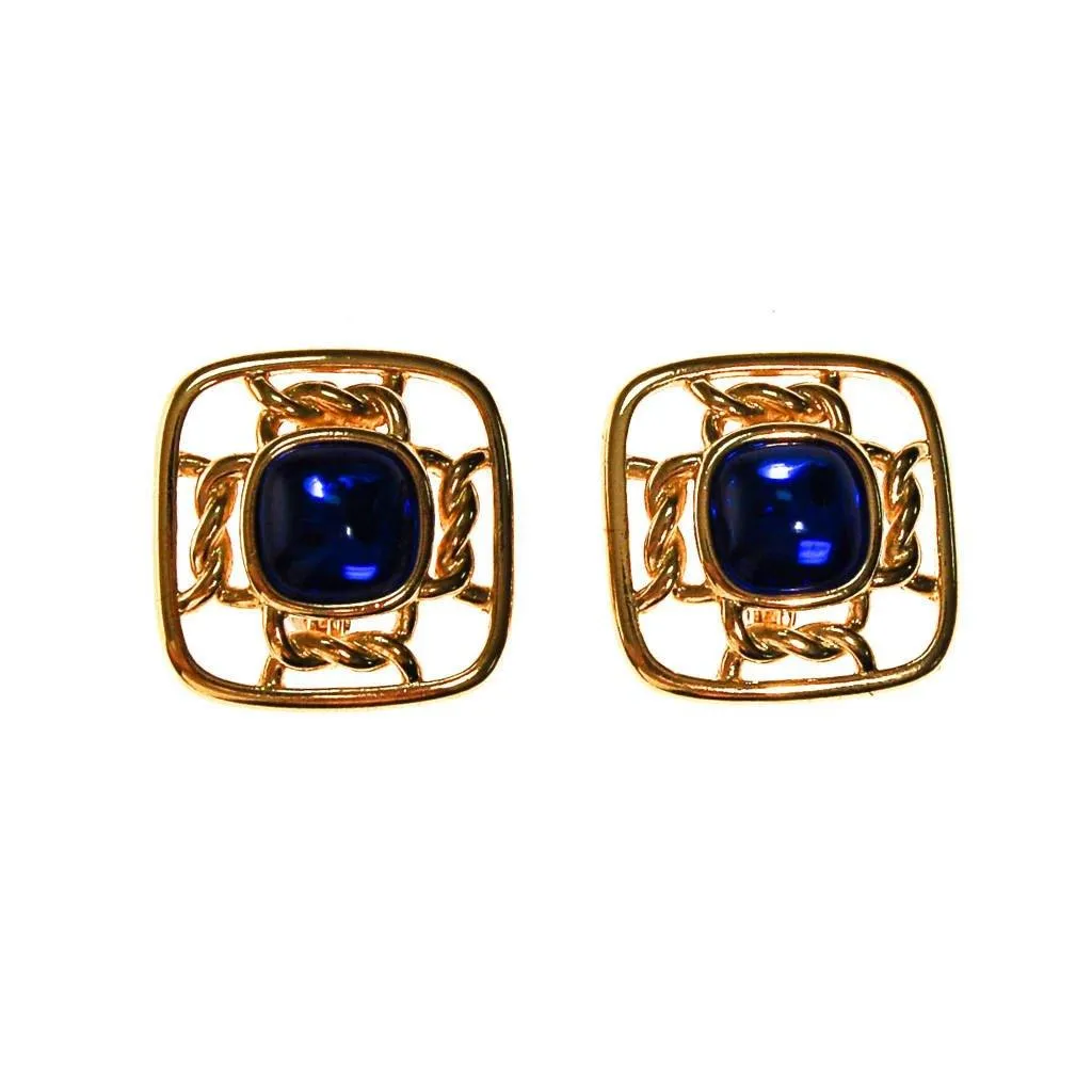 Gold Square with Sapphire Blue Cabochons by Crown Trifari