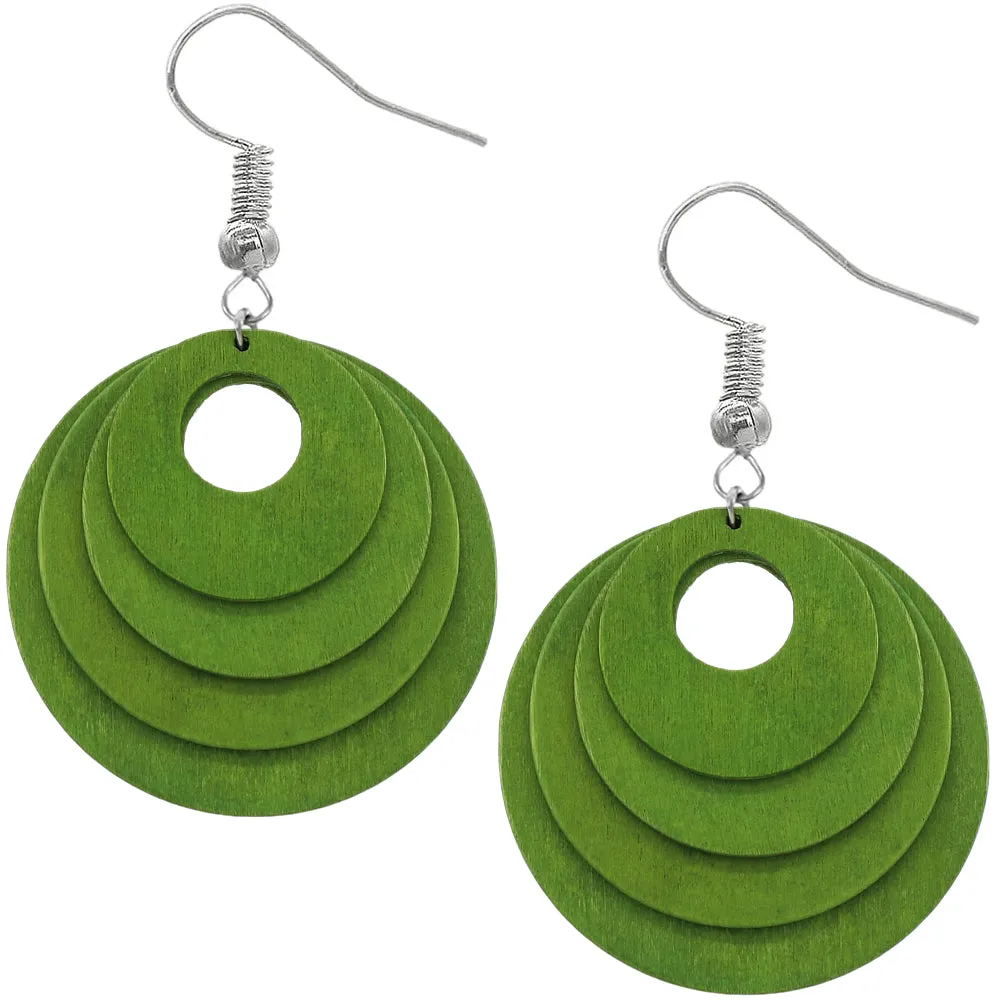 Green Layered Wooden Dangle Earrings