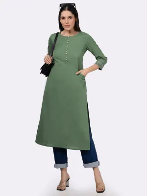 Green Solid Cotton Kurta with Pockets & Sleeve Embroidery