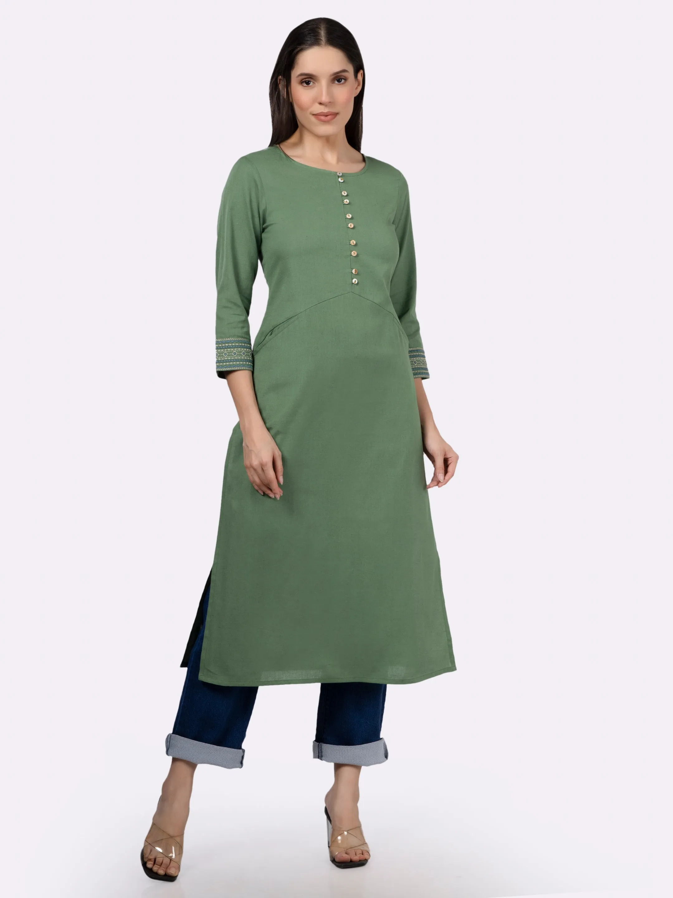 Green Solid Cotton Kurta with Pockets & Sleeve Embroidery