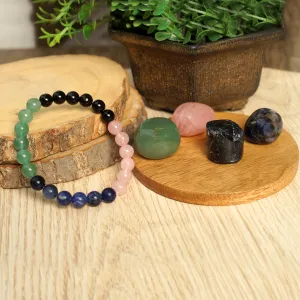 Healing Crystal beginner set of 5 for purification, self-love, emotional balance & spiritual growth includes bracelet & Rose quartz, Sodalite, Black Obsidian and Green Aventurine Palm Stones