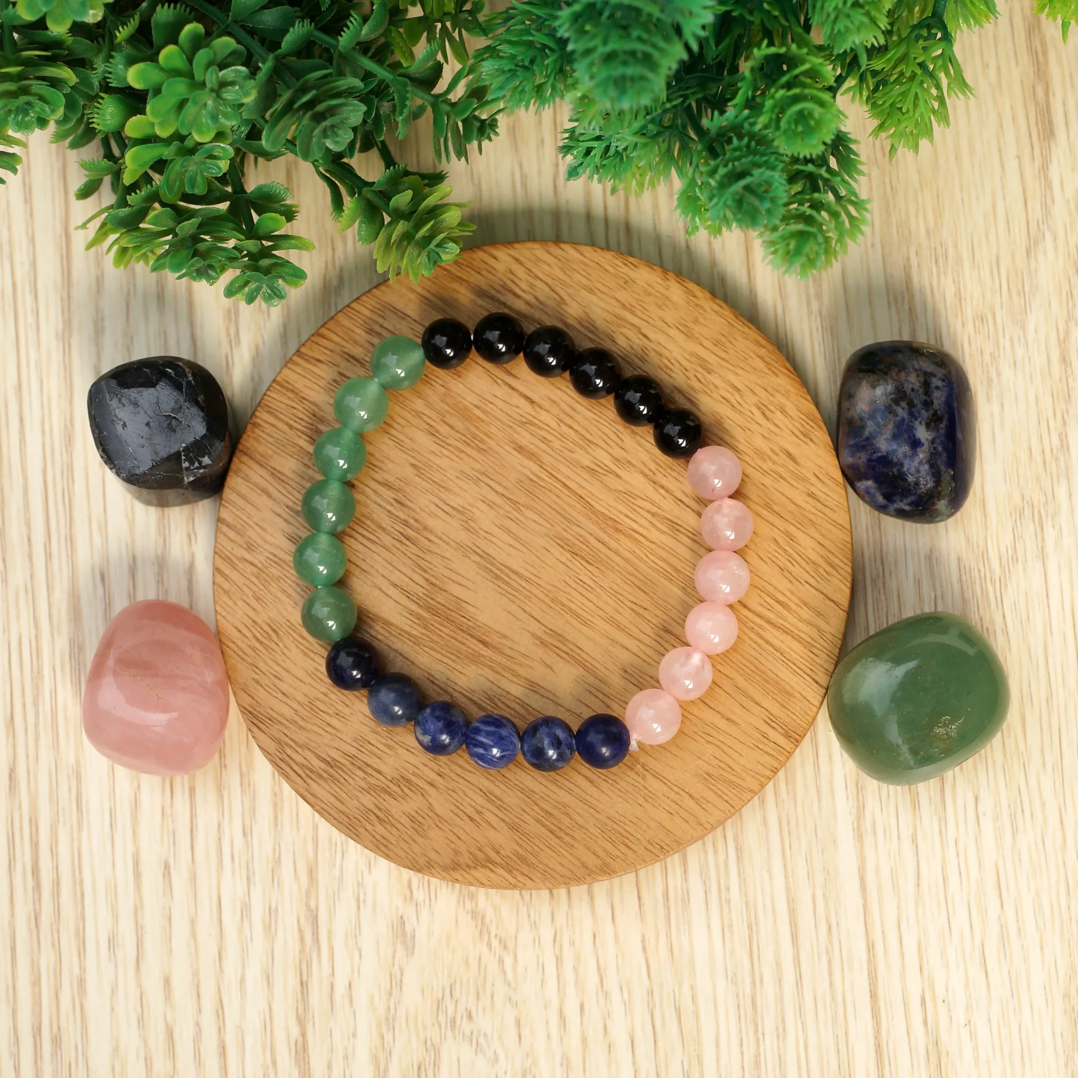 Healing Crystal beginner set of 5 for purification, self-love, emotional balance & spiritual growth includes bracelet & Rose quartz, Sodalite, Black Obsidian and Green Aventurine Palm Stones