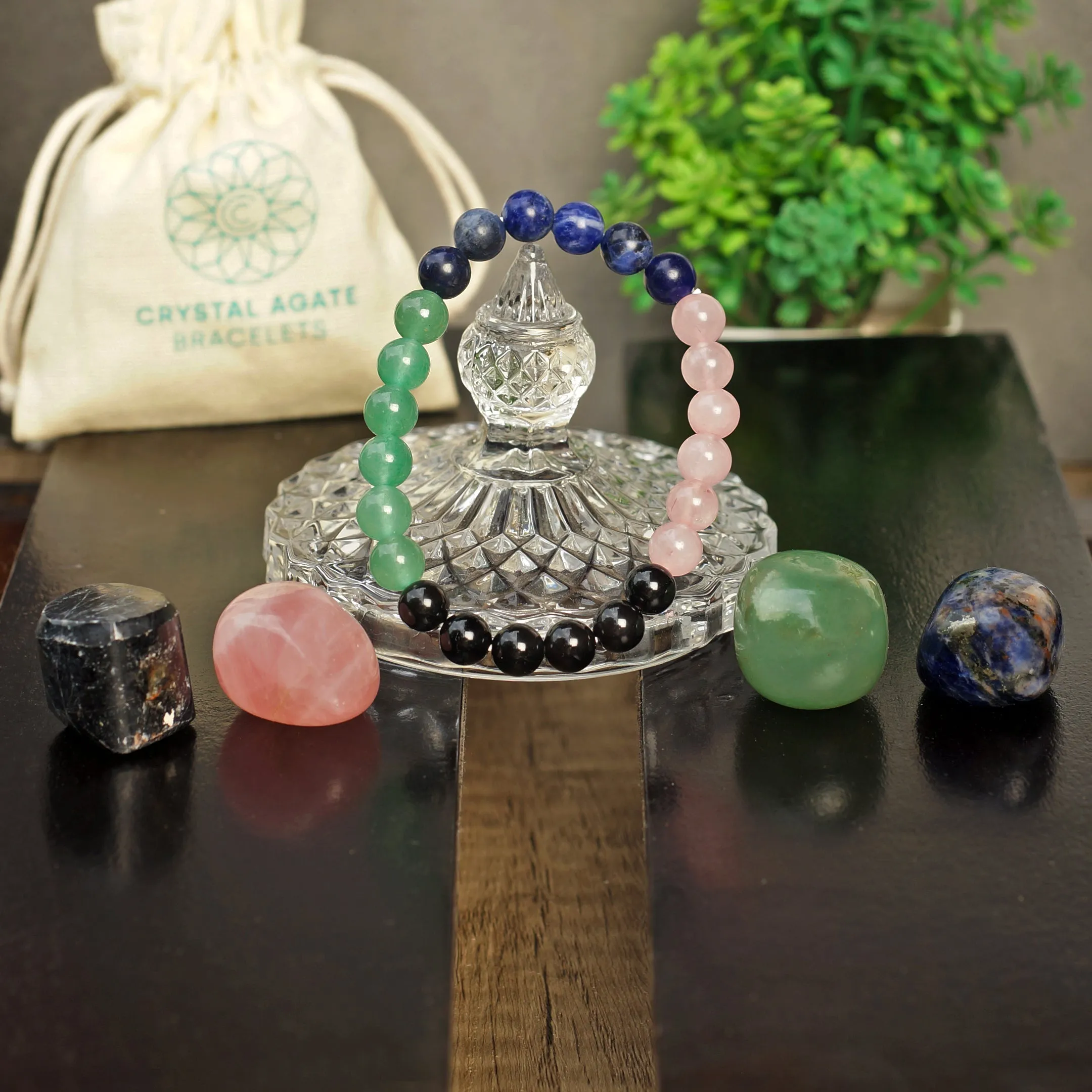 Healing Crystal beginner set of 5 for purification, self-love, emotional balance & spiritual growth includes bracelet & Rose quartz, Sodalite, Black Obsidian and Green Aventurine Palm Stones