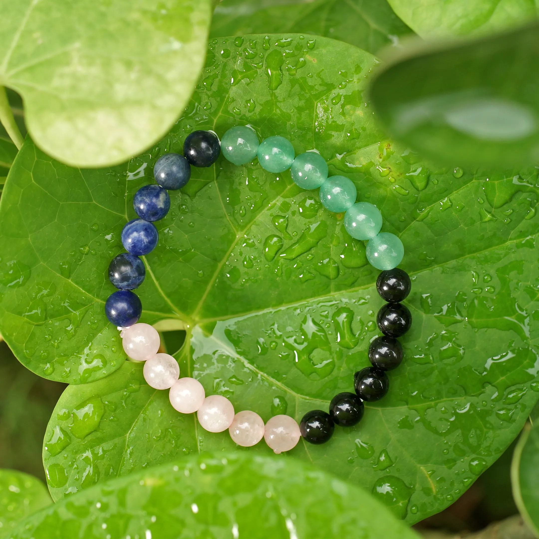 Healing Crystal beginner set of 5 for purification, self-love, emotional balance & spiritual growth includes bracelet & Rose quartz, Sodalite, Black Obsidian and Green Aventurine Palm Stones