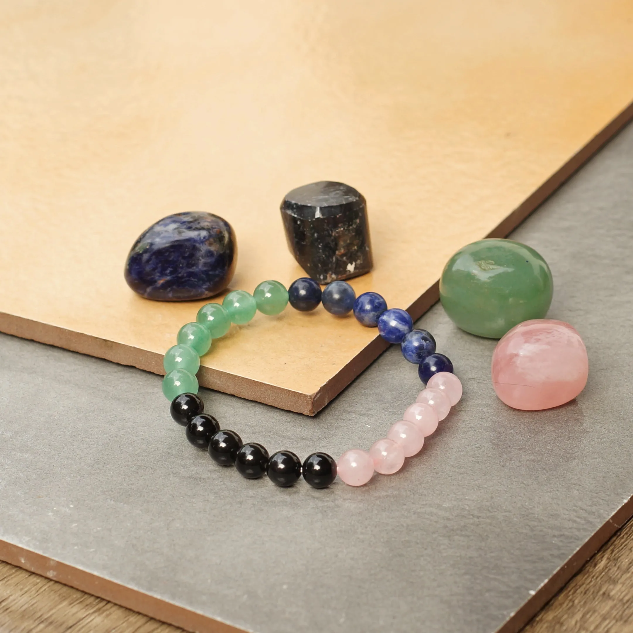 Healing Crystal beginner set of 5 for purification, self-love, emotional balance & spiritual growth includes bracelet & Rose quartz, Sodalite, Black Obsidian and Green Aventurine Palm Stones