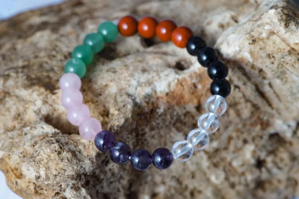 Healing Crystal starter set of 7 - Combo for new believer includes bracelet with Clear Quartz, Amethyst, Rose Quartz, Green Aventurine, Red Jasper, Black Obsidian, Palm Stones for complete protection