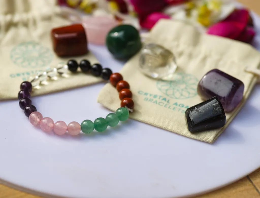 Healing Crystal starter set of 7 - Combo for new believer includes bracelet with Clear Quartz, Amethyst, Rose Quartz, Green Aventurine, Red Jasper, Black Obsidian, Palm Stones for complete protection