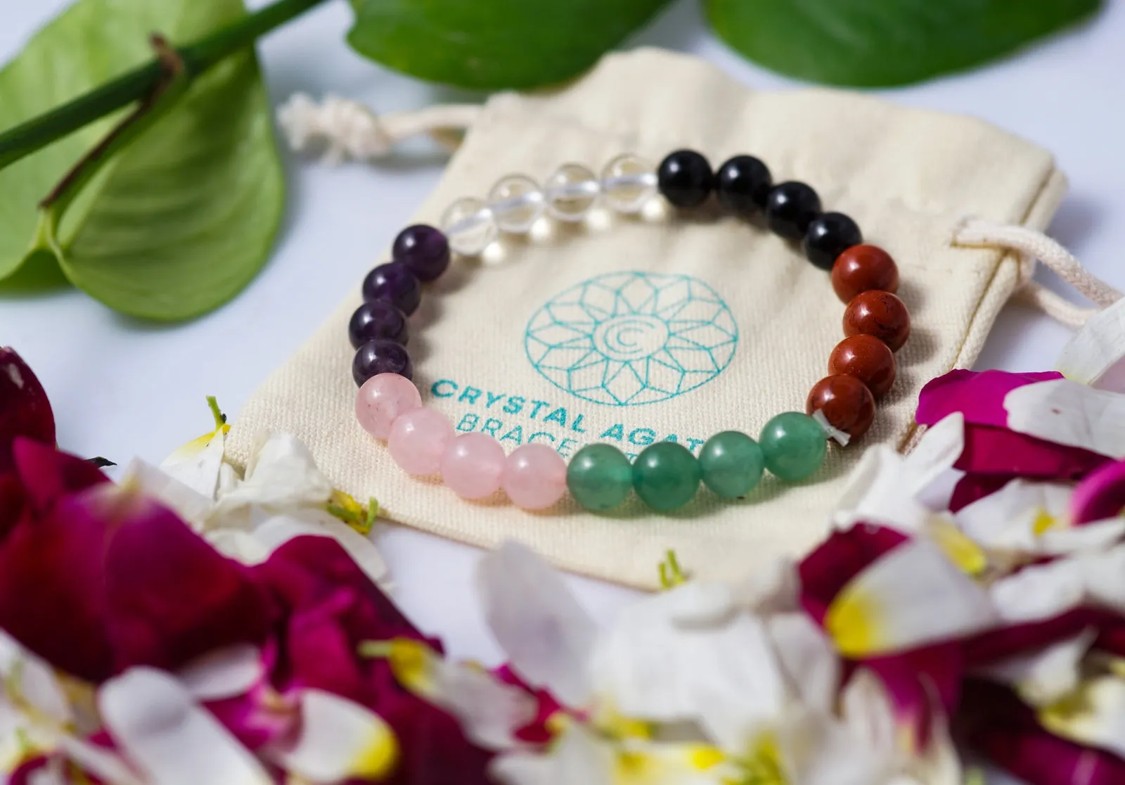 Healing Crystal starter set of 7 - Combo for new believer includes bracelet with Clear Quartz, Amethyst, Rose Quartz, Green Aventurine, Red Jasper, Black Obsidian, Palm Stones for complete protection