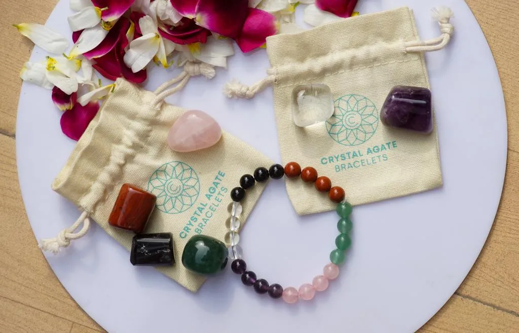 Healing Crystal starter set of 7 - Combo for new believer includes bracelet with Clear Quartz, Amethyst, Rose Quartz, Green Aventurine, Red Jasper, Black Obsidian, Palm Stones for complete protection