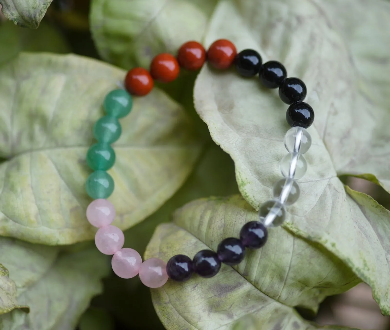 Healing Crystal starter set of 7 - Combo for new believer includes bracelet with Clear Quartz, Amethyst, Rose Quartz, Green Aventurine, Red Jasper, Black Obsidian, Palm Stones for complete protection