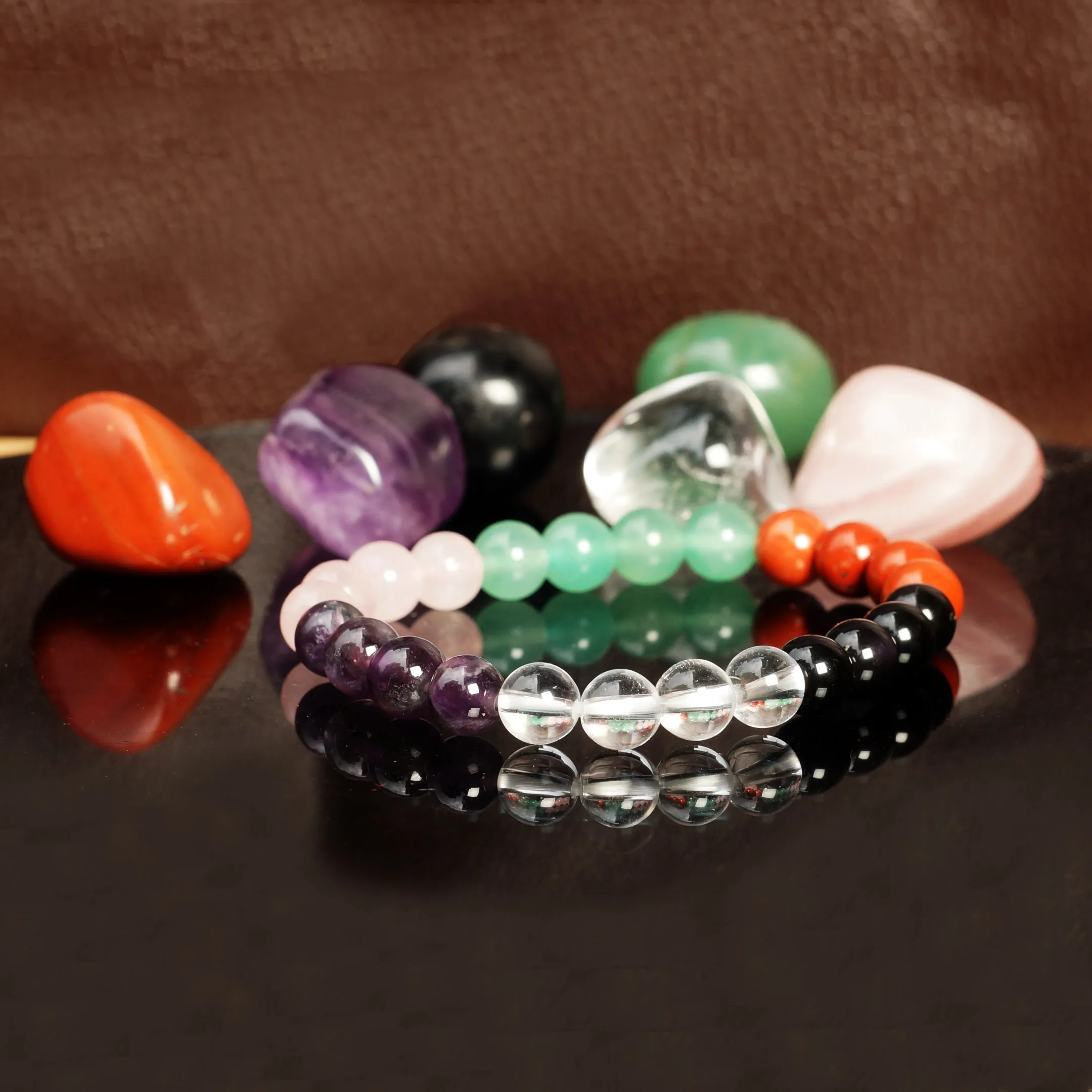 Healing Crystal starter set of 7 - Combo for new believer includes bracelet with Clear Quartz, Amethyst, Rose Quartz, Green Aventurine, Red Jasper, Black Obsidian, Palm Stones for complete protection