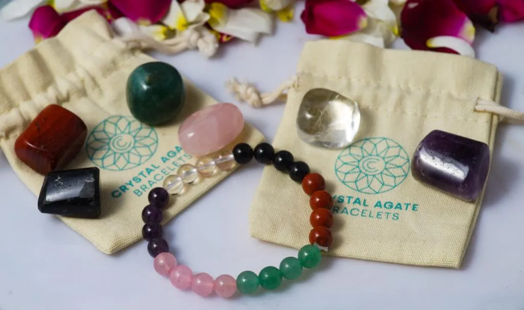 Healing Crystal starter set of 7 - Combo for new believer includes bracelet with Clear Quartz, Amethyst, Rose Quartz, Green Aventurine, Red Jasper, Black Obsidian, Palm Stones for complete protection